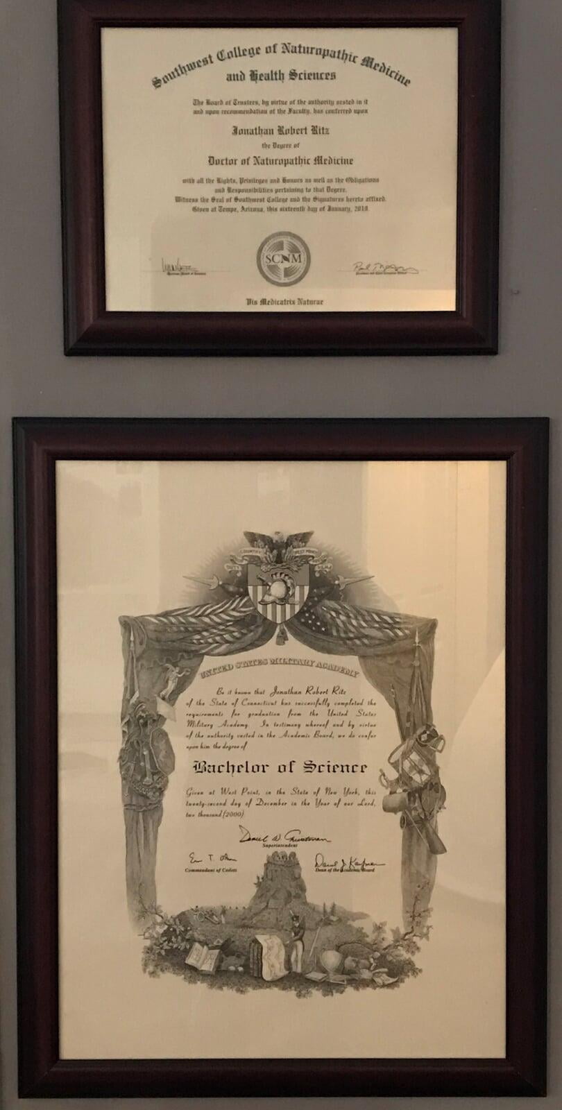 Two documents I'm most proud of: My USMA and my SCNM diplomas